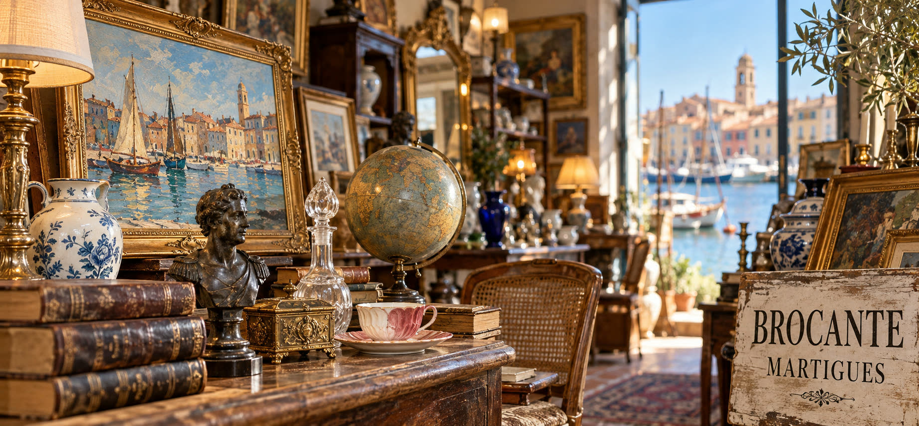 Boutique Gilles Brocante à Martigues : tableaux de marine, globe ancien et porcelaines face au canal